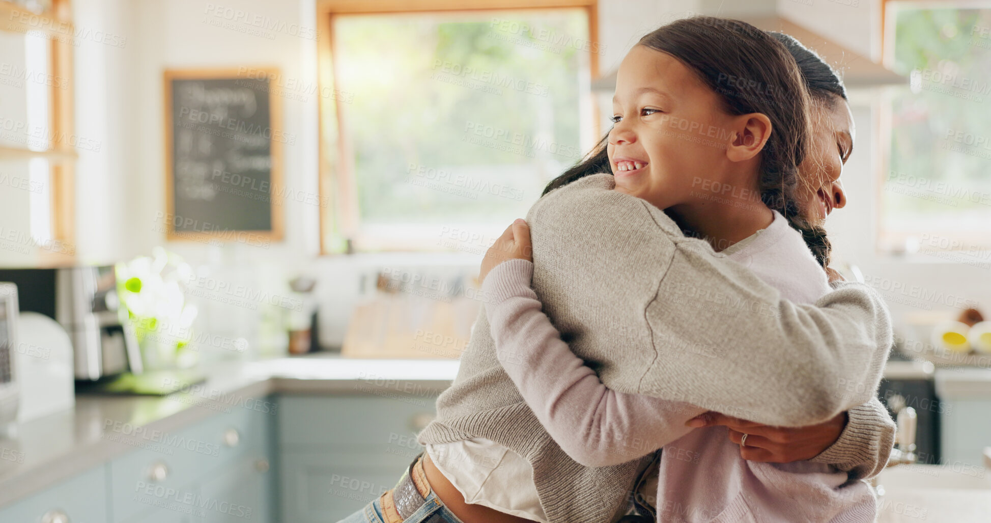 Buy stock photo Love, mom and girl in a hug in family home with support, trust and bonding in kitchen or happy childhood memory of daughter. Smile, face and kid in embrace with mother, woman or together with mommy