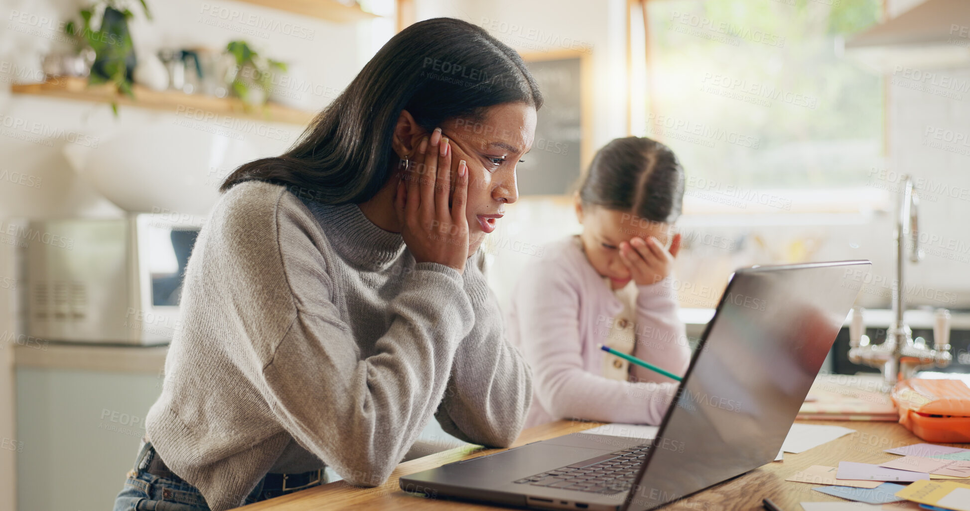 Buy stock photo Homework, stress and laptop for mother and girl with headache, anxiety and adhd homeschool fail in a kitchen. Education, pressure and mom with migraine and sad kid or online glitch in remote learning