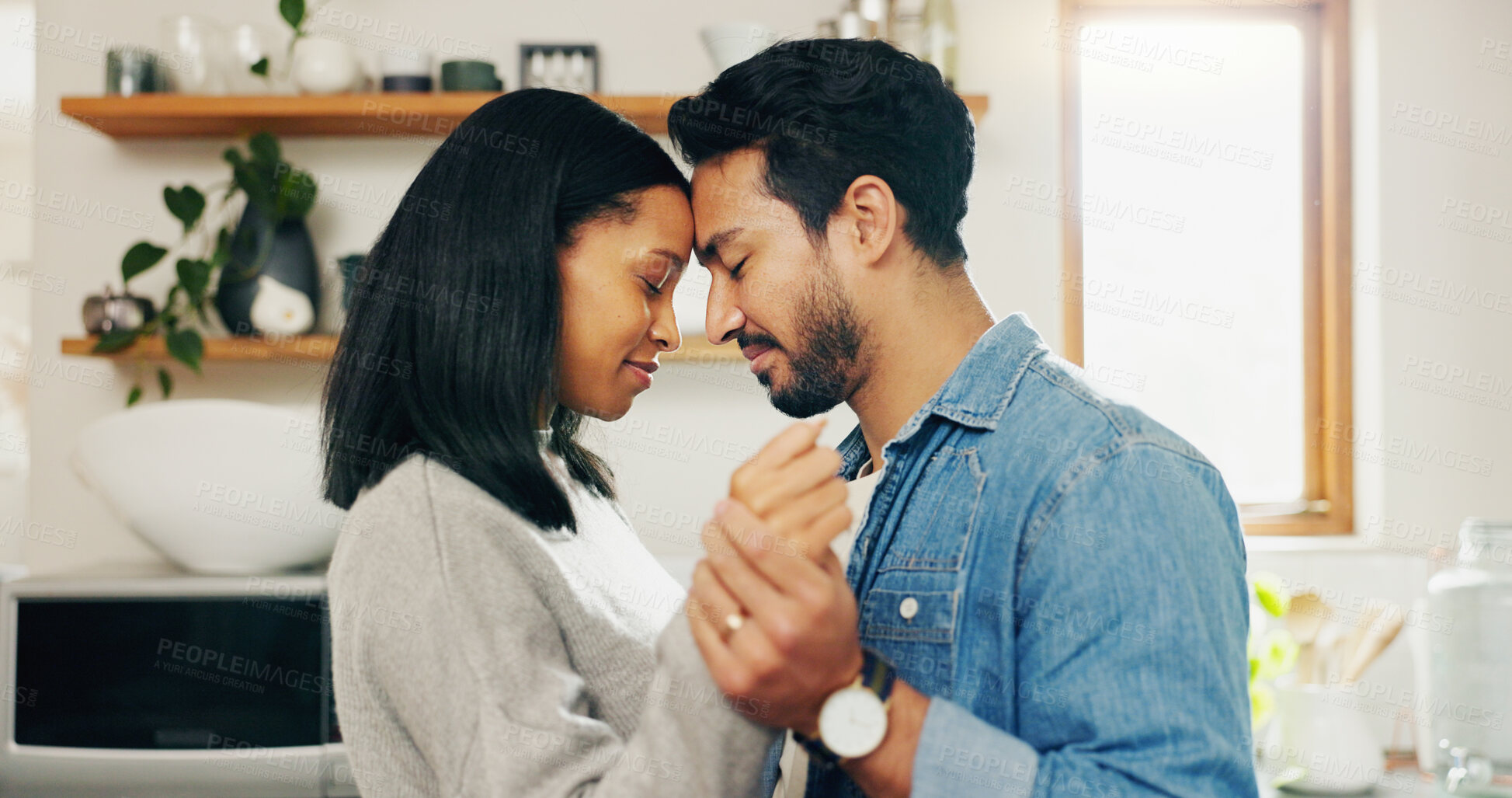 Buy stock photo Couple, dancing and kitchen with love for bonding and quality time in home. Romance, marriage and man or woman with movement for care with calm to celebrate happy relationship for partnership.