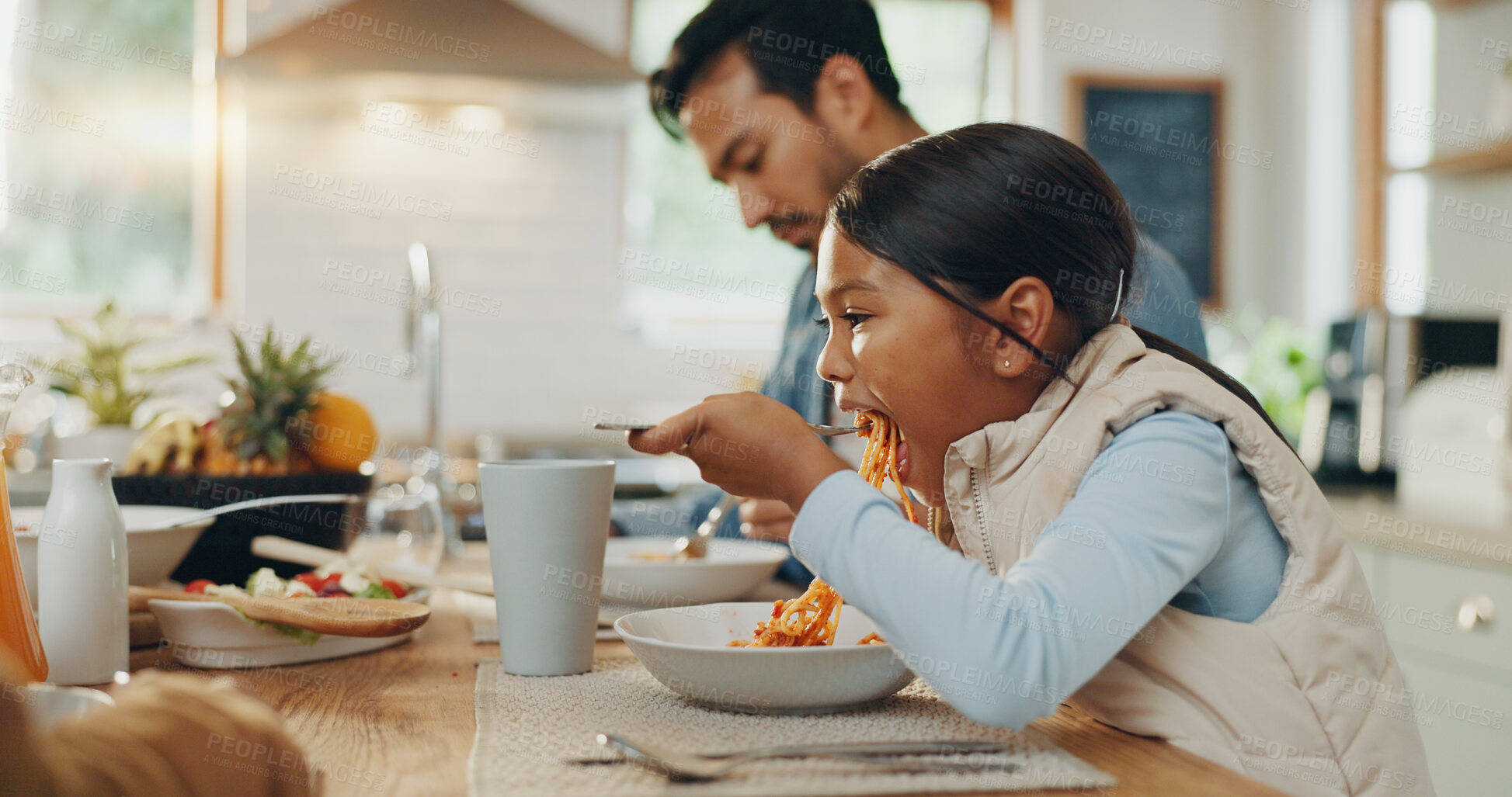 Buy stock photo Food, family and prayer, hungry girl with parents at home and nutrition with excited child. Happiness, bonding and man, woman and kid in kitchen eating together, faith and gratitude with help