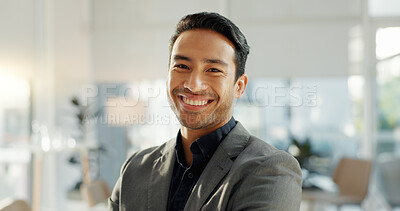 Crossed arms, laugh and face of business Asian man in office for leadership, empowerment and success. Corporate, manager and portrait of happy person in workplace for ambition, pride and confidence