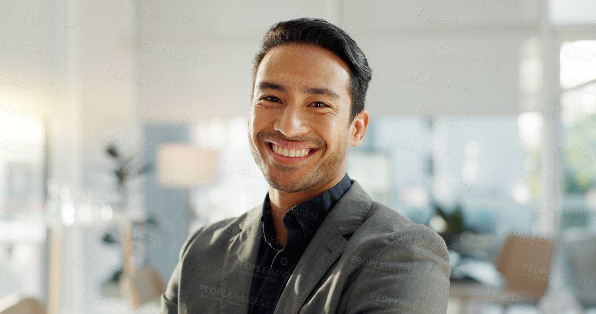 Buy stock photo Crossed arms, laugh and face of business Asian man in office for leadership, empowerment and success. Corporate, manager and portrait of happy person in workplace for ambition, pride and confidence