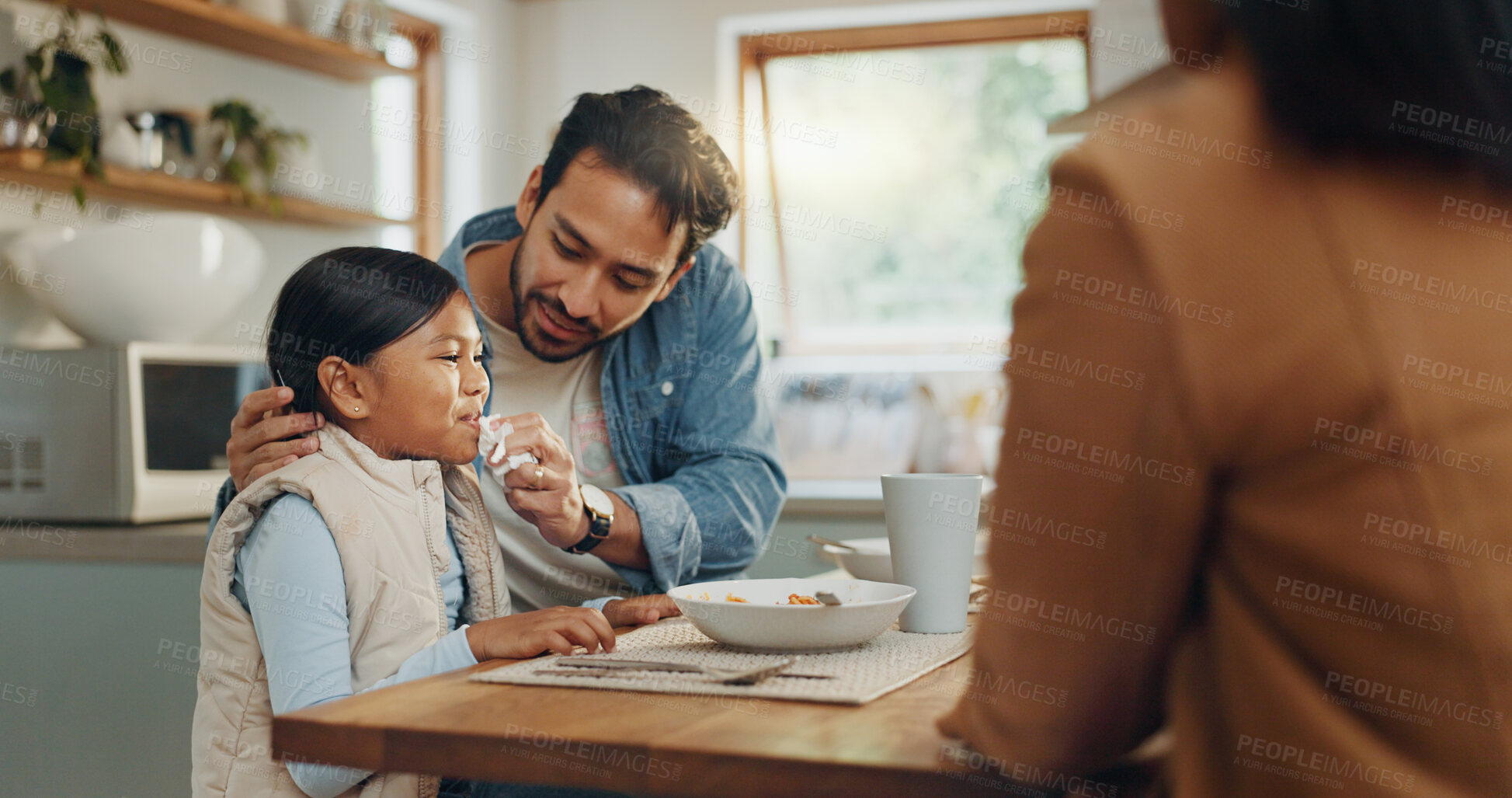 Buy stock photo Parents, children and a girl eating spaghetti with her family in the dining room of their home together for supper. Food, kids and father around a table for a meal, bonding over dinner in a house