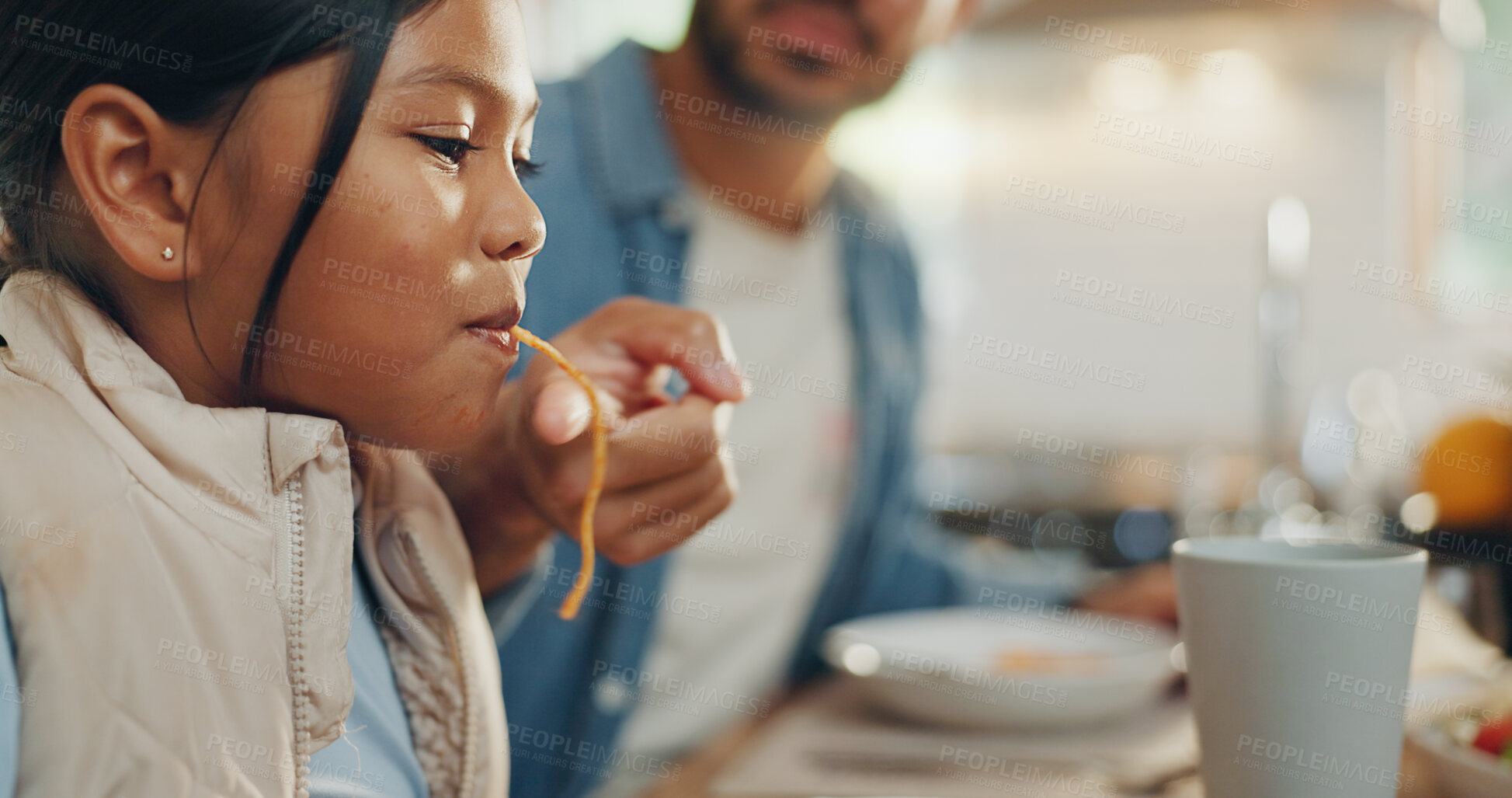 Buy stock photo Father, children and a girl eating spaghetti with her family in the dining room of their home together for supper. Food, kids and parents around a table for a meal, bonding over dinner in a house