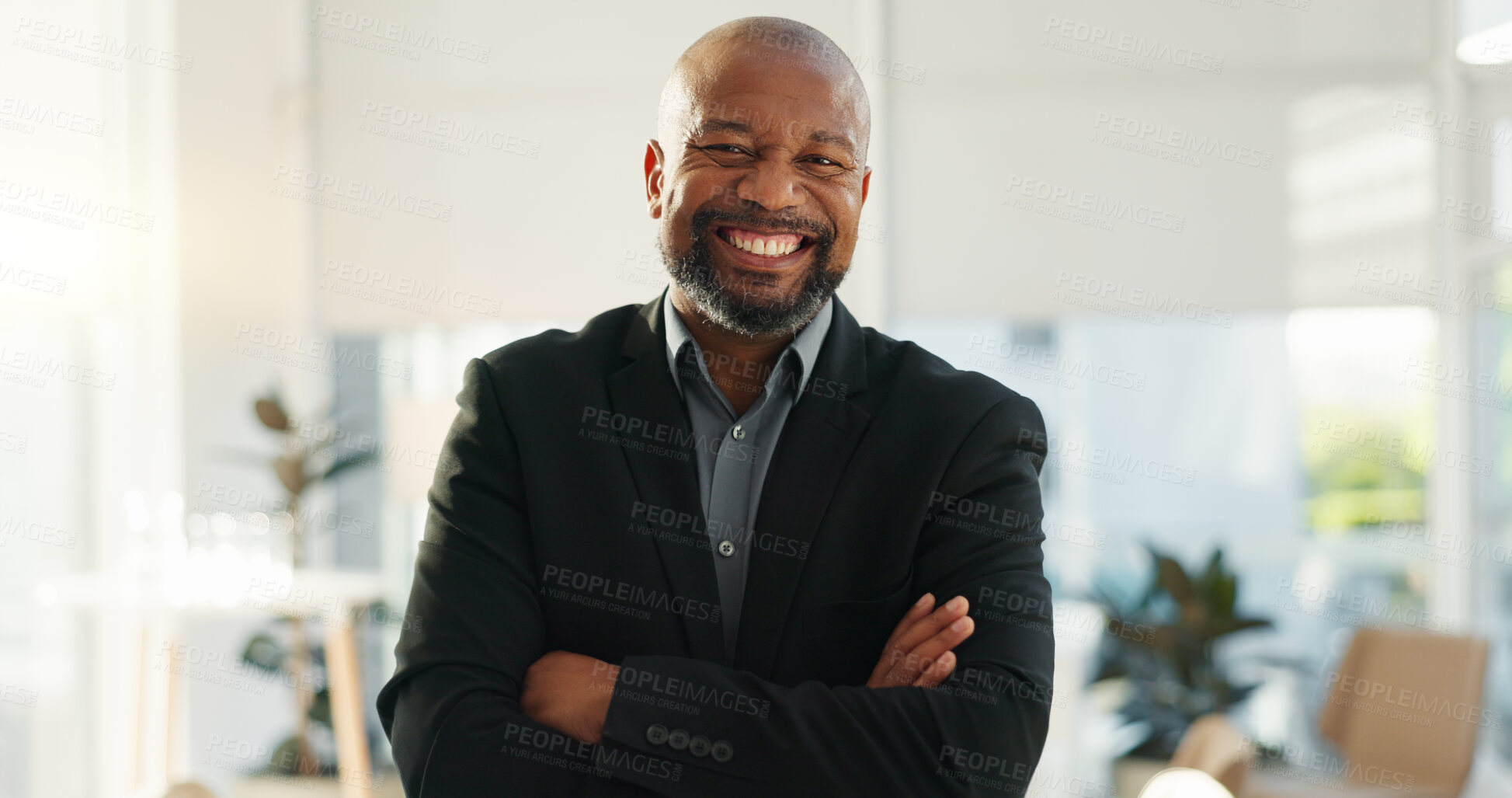 Buy stock photo Crossed arms, laugh and face of business black man in office for leadership, funny joke and success. Corporate, manager and portrait of happy person in workplace for ambition, pride and confidence