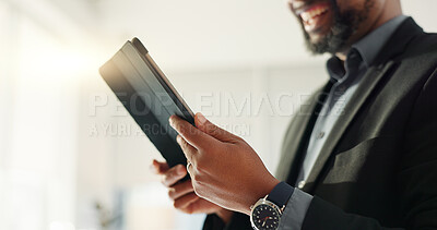 Hands of man in office with tablet, scroll on email or social media for business feedback, schedule or agenda. Networking, digital app and businessman online for market research, website and report.