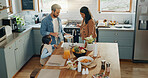 Family cleaning after breakfast, food and nutrition with hygiene, parents and child in kitchen together. Bonding, health and wellness, clean dishes and man, woman and girl kid in kitchen at home