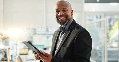 Portrait of happy black man in office with tablet, email or social media for business, schedule or agenda. Smile, digital app and businessman networking online for market research, website and report