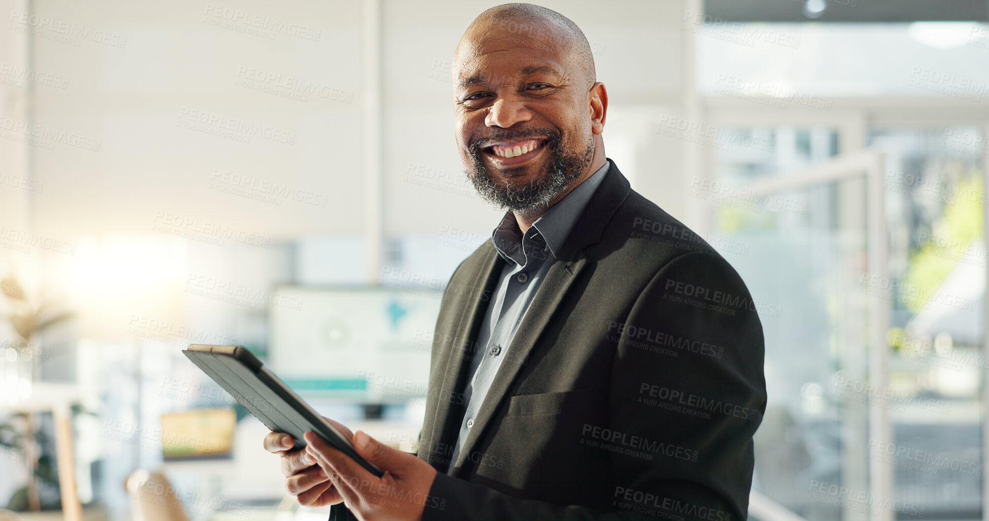 Buy stock photo Portrait of happy black man in office with tablet, email or social media for business, schedule or agenda. Smile, digital app and businessman networking online for market research, website and report