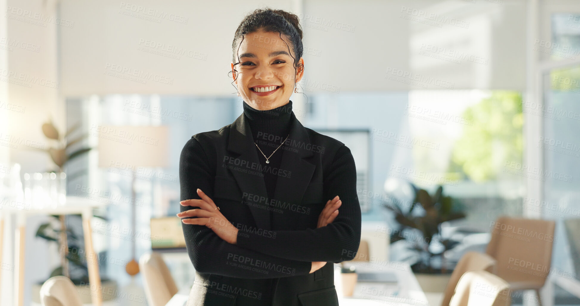 Buy stock photo Crossed arms, happy and face of business woman in office for leadership, empowerment and success. Creative agency, startup and portrait of person smile in workplace for ambition, pride and confidence