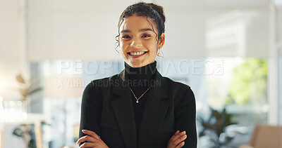 Crossed arms, happy and face of business woman in office for leadership, empowerment and success. Creative agency, startup and portrait of person smile in workplace for ambition, pride and confidence