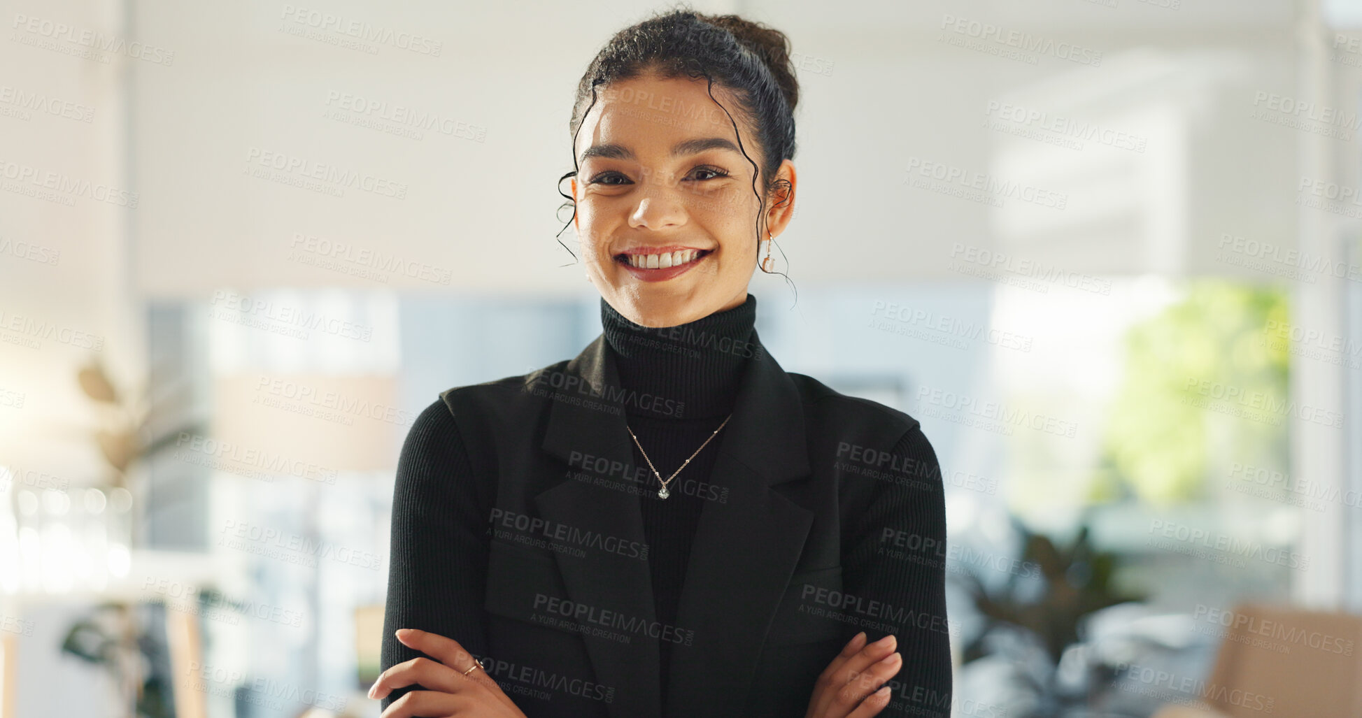 Buy stock photo Crossed arms, happy and face of business woman in office for leadership, empowerment and success. Creative agency, startup and portrait of person smile in workplace for ambition, pride and confidence