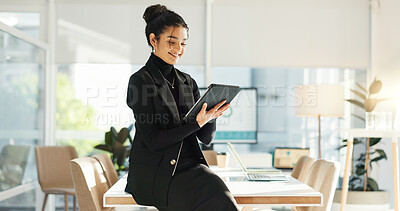 Happy woman in office with tablet, email or social media review for tech business, schedule or agenda. Smile, digital app and businesswoman networking online for market research, website and report.