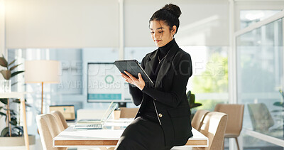 Happy woman in office with tablet, email or social media review for tech business, schedule or agenda. Smile, digital app and businesswoman networking online for market research, website and report.