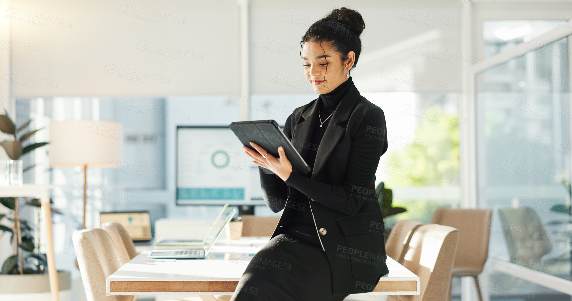 Buy stock photo Happy woman in office with tablet, email or social media review for tech business, schedule or agenda. Smile, digital app and businesswoman networking online for market research, website and report.