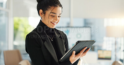 Happy businesswoman in office with tablet, email or social media for business feedback, schedule or agenda. Smile, digital app and woman networking online for market research, web review and report.