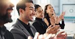 Business people, applause and meeting success with support or thank you for achievement, praise or promotion. Professional group, men and women clapping for news, congratulations or team presentation