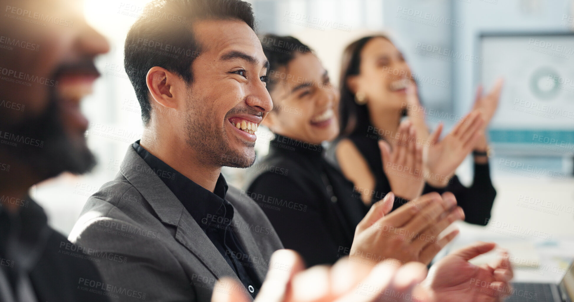 Buy stock photo Business people, applause and meeting success with support or thank you for achievement, praise or promotion. Professional group, men and women clapping for news, congratulations or team presentation