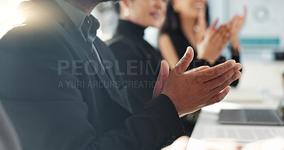 Business people, hands and applause in meeting, teamwork or thank you for presentation or conference at office. Closeup of employees or team clapping in motivation, support or workshop at workplace