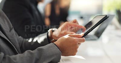Hands of man at meeting in office with tablet, email or social media for business feedback, schedule or agenda. Networking, digital app and businessman online for market research, report and workshop