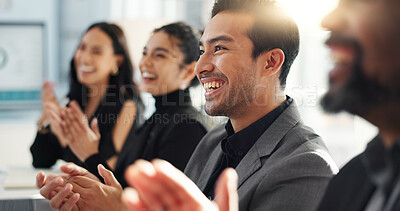 Business people, meeting and group applause in success, support or thank you for achievement, praise or promotion. Professional team of men and women clapping for news, congratulations or celebration