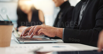 Hands of man at meeting in office with laptop, email or social media for business feedback, schedule or agenda. Networking, typing and businessman online for market research, report and workshop.