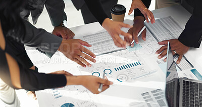 People hands, documents and meeting for data analysis, planning and teamwork in stats meeting and marketing strategy. Business group with paperwork, infographics and metrics report or brainstorming