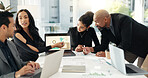 Data presentation, laptop screen or business people collaboration, meeting and consulting on investment stats. Corporate finance, group feedback or team cooperation on web statistics, metrics or info