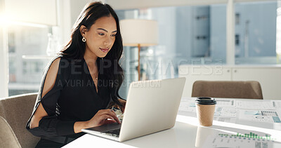 Woman in office with laptop, market research and notes for social media review, business feedback or planning. Thinking, search and businesswoman networking online for startup, website and report.