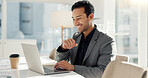 Happy man in office with laptop, market research and notes for social media review, business feedback or planning. Thinking, search and businessman networking online for startup, website and report.