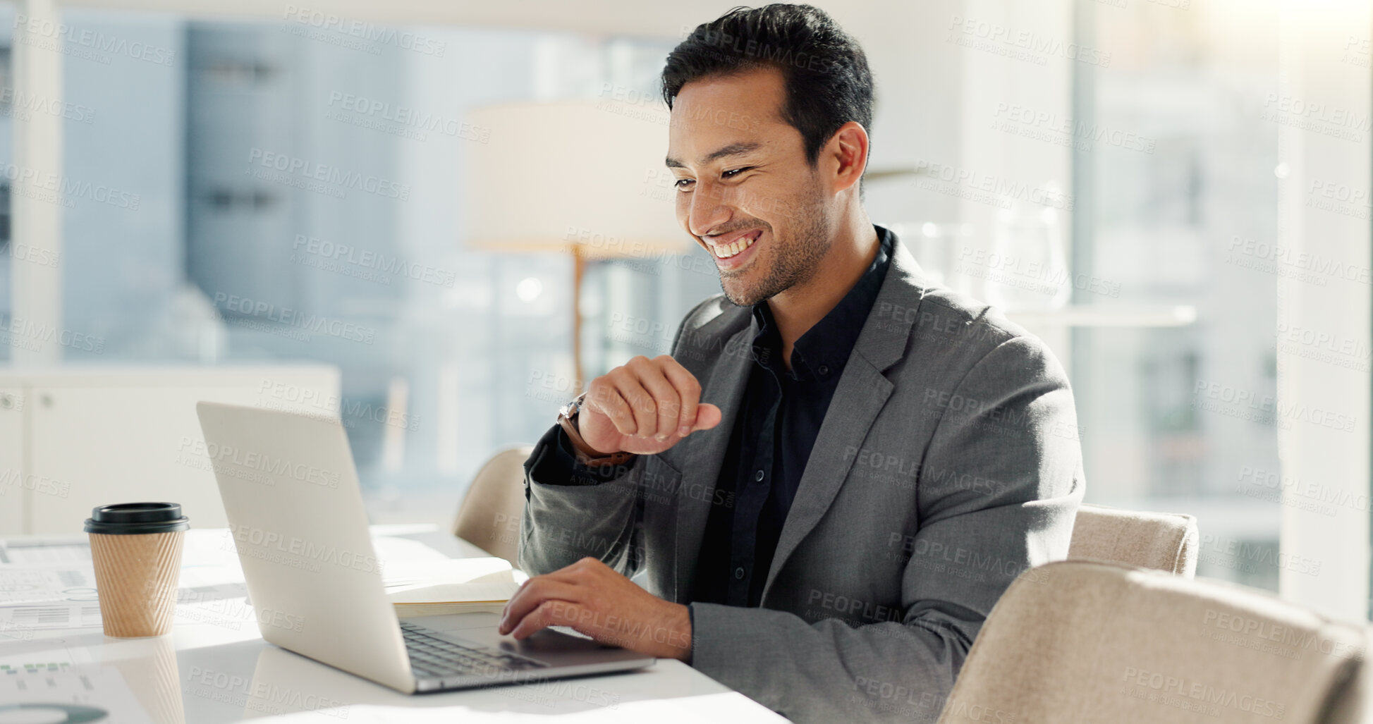 Buy stock photo Happy man in office with laptop, market research and notes for social media review, business feedback or planning. Thinking, search and businessman networking online for startup, website and report.