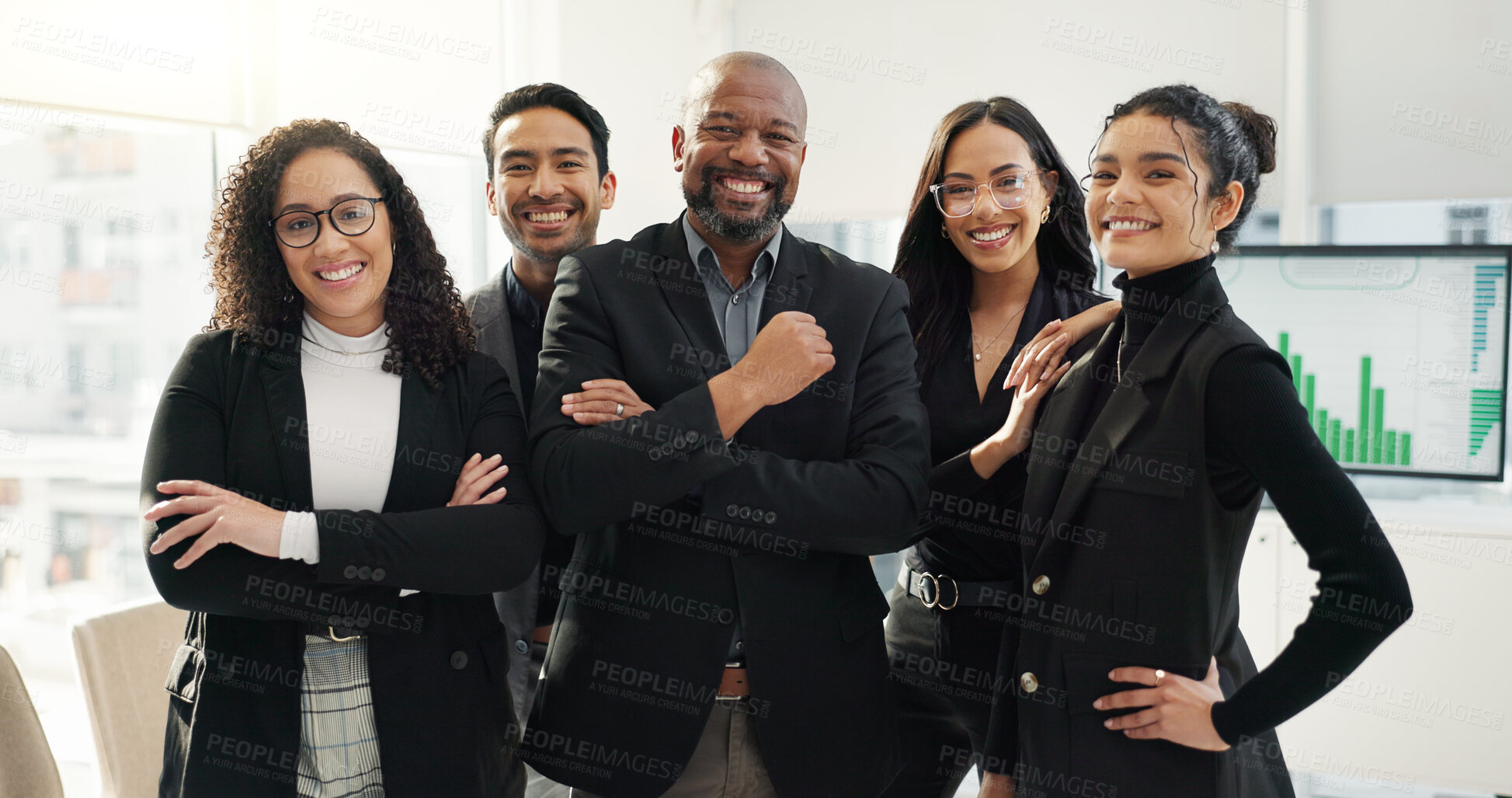 Buy stock photo Business people, arms crossed and diversity, face and teamwork with financial advisor group in the workplace. Professional, collaboration and trust, confidence in portrait and accounting partners