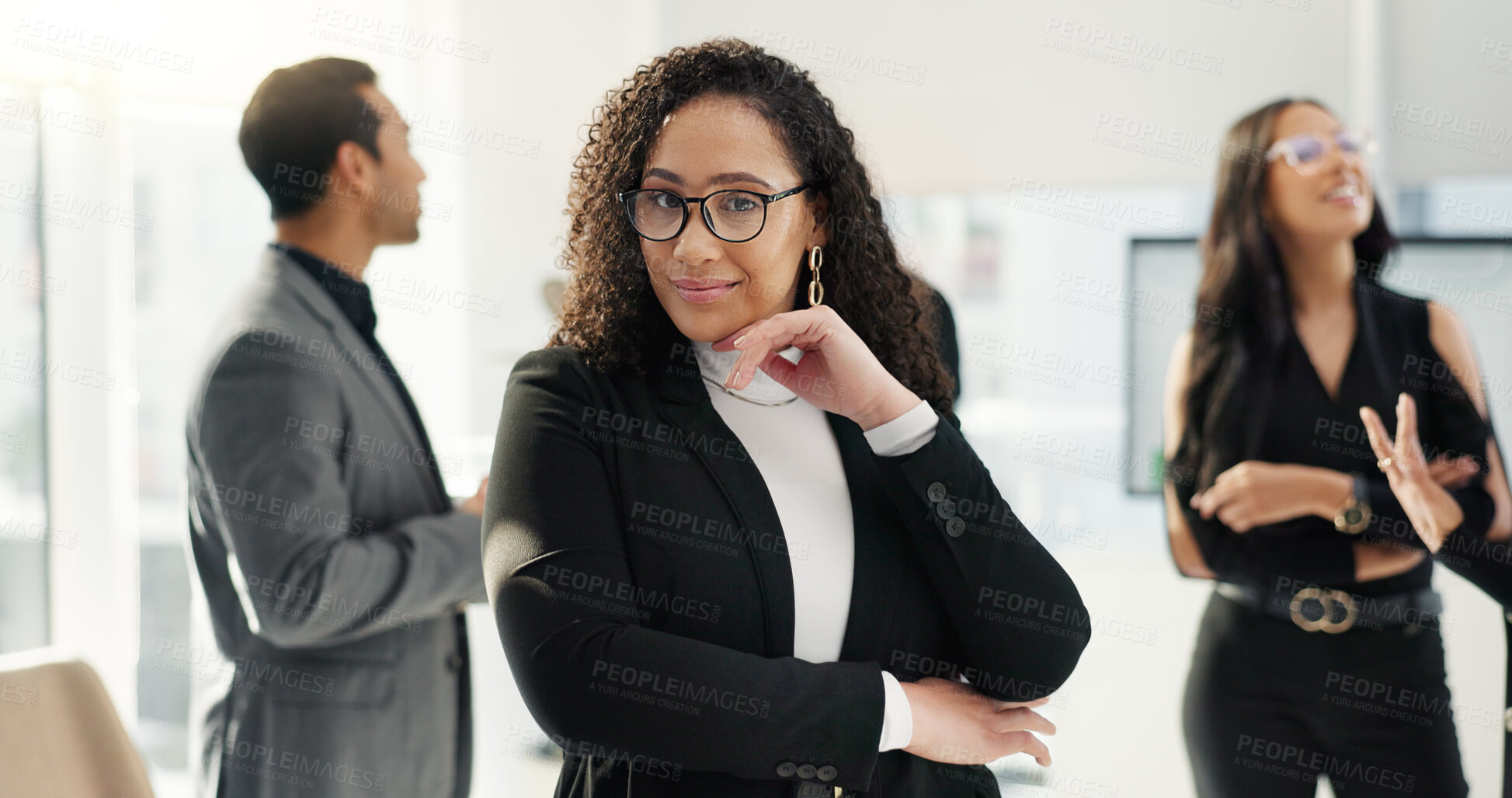 Buy stock photo Face, smile and confident business woman in the office with an employee team for collaboration or leadership. Portrait, corporate and happy young professional employee in the workplace with her team