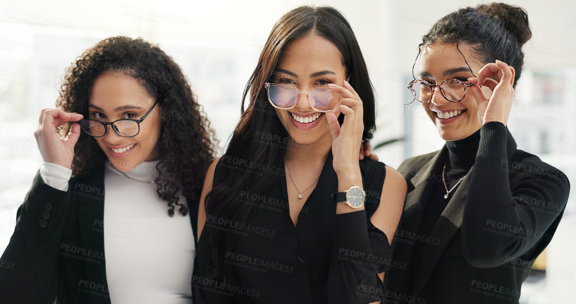 Buy stock photo Women, happiness and face of professional people smile for corporate collaboration, business support or staff empowerment. Colleagues, group career portrait or female team pride, trust and solidarity