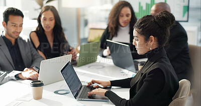 Woman at meeting in office with laptop, internet and review for business feedback, schedule or agenda. Networking, typing and businesswoman online for market research, report document and workshop.