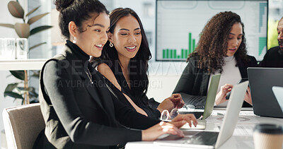 Talking, laptop and happy business women teamwork, cooperation or meeting on bank finance feedback, results or report. Financial group, collaboration and professional team reading success analytics