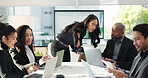 Business people, data analytics and meeting teamwork, collaboration or manager support on tablet and computer screen. Analyst presentation and team training with stats report, graphs and management
