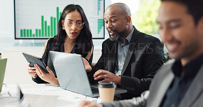 Business people, teamwork and meeting for data analytics, finance report and sales, profit or accounting on laptop and tablet. Professional manager and woman planning and talking on stats on computer