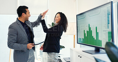 Business people, high five and financial teamwork, success and celebration of data analytics, target or goals. Happy woman and man support, winning and good job for statistics on computer screen