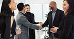 Business people, handshake and meeting for b2b, partnership or introduction together at office. Businessman shaking hands with employee for teamwork, collaboration or agreement in deal at workplace