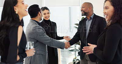Business people, handshake and meeting for b2b, partnership or introduction together at office. Businessman shaking hands with employee for teamwork, collaboration or agreement in deal at workplace