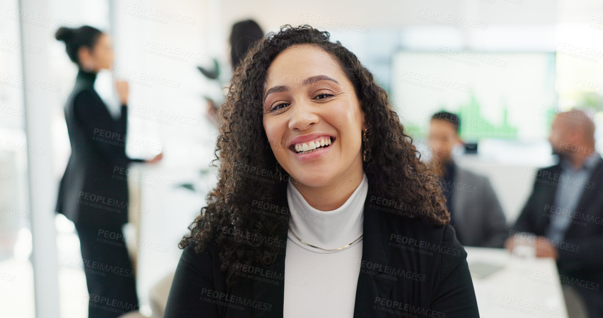 Buy stock photo Face, happy woman and smile for success in business with meeting in strategy, planning or marketing at office. CEO, boss or manager of team for leadership, support or coaching in client communication