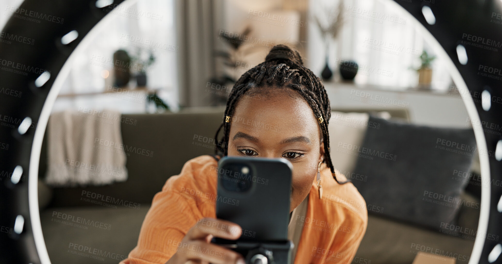 Buy stock photo Video, content creator and black woman doing skincare for tutorial on social media or the internet. Dermatology, happy and African female influencer filming or live streaming face routine at home.