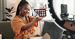 Video, content creator and black woman doing makeup for tutorial on social media or internet. Cosmetic, happy and young African female influencer film or live stream face cosmetology routine at home.
