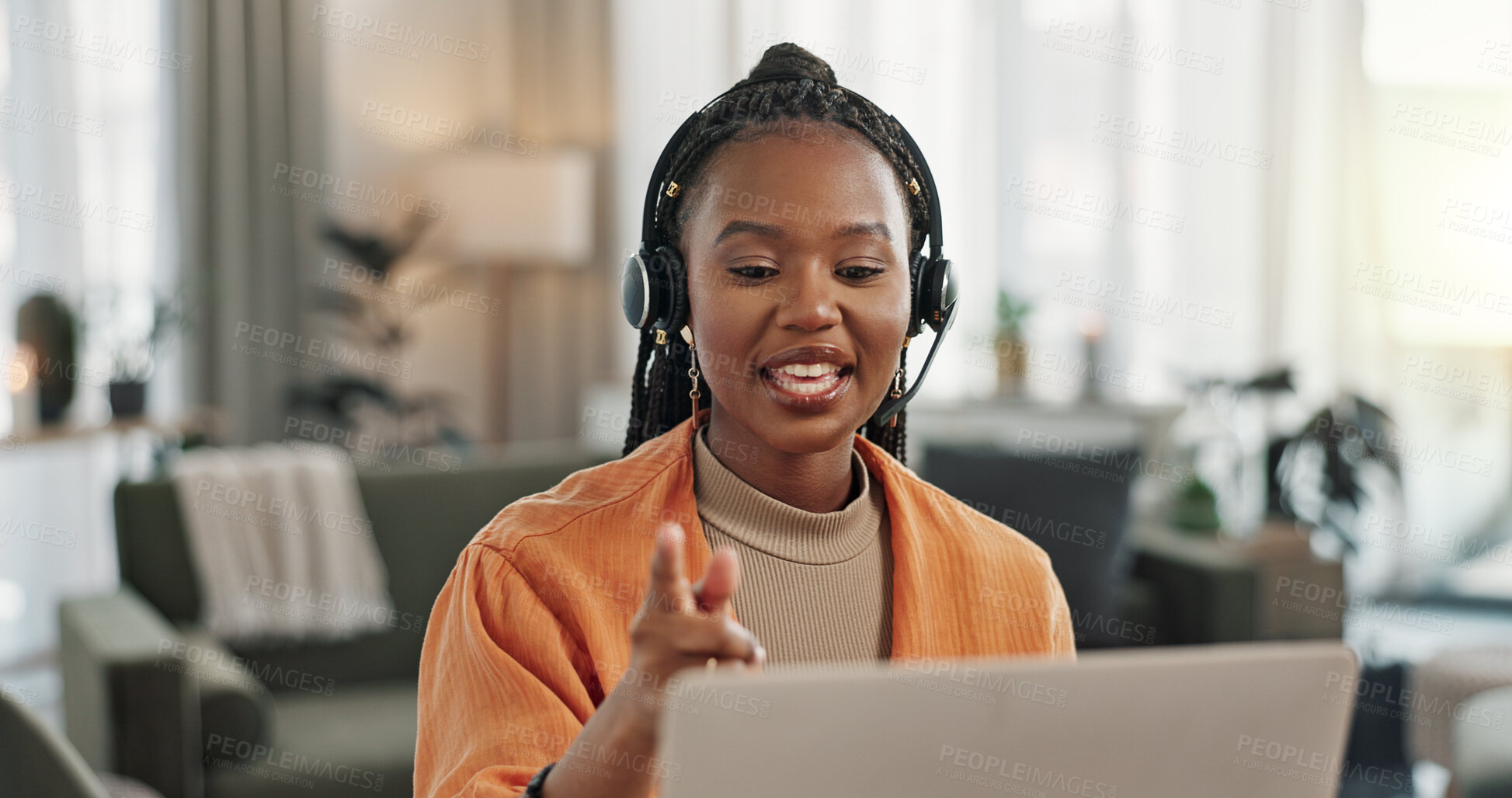 Buy stock photo Black woman, headset with laptop and phone call, virtual assistant or crm in home office. Remote work girl at desk with computer, typing and conversation for advice, online chat and help in apartment