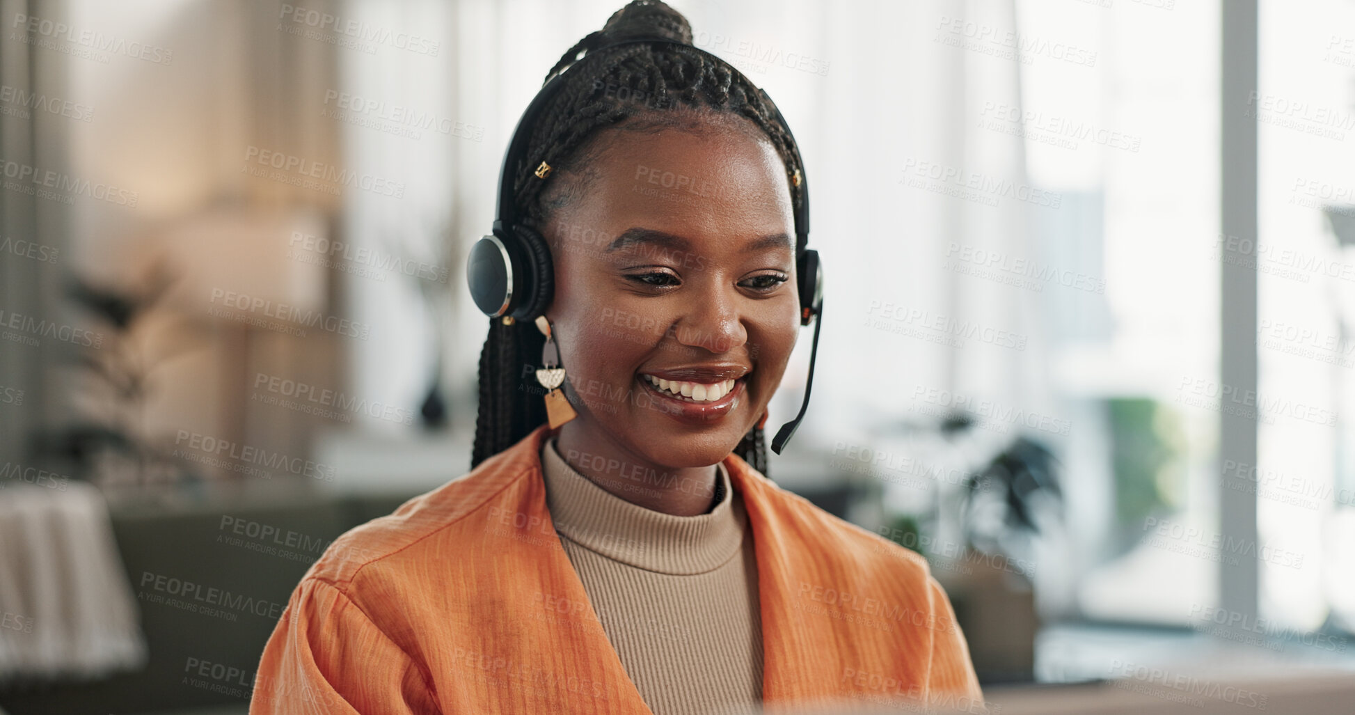 Buy stock photo Black woman, virtual assistant in home office with laptop and phone call, remote work and crm in apartment. Girl at desk with computer, headset and conversation for advice, online chat and support.