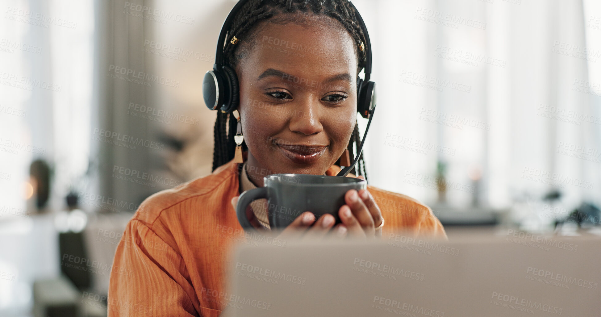 Buy stock photo Black woman, headset and coffee in home office with laptop and remote work and break in apartment. Virtual assistant at desk with computer, drink and relax with freelancer, consultant or crm agent.