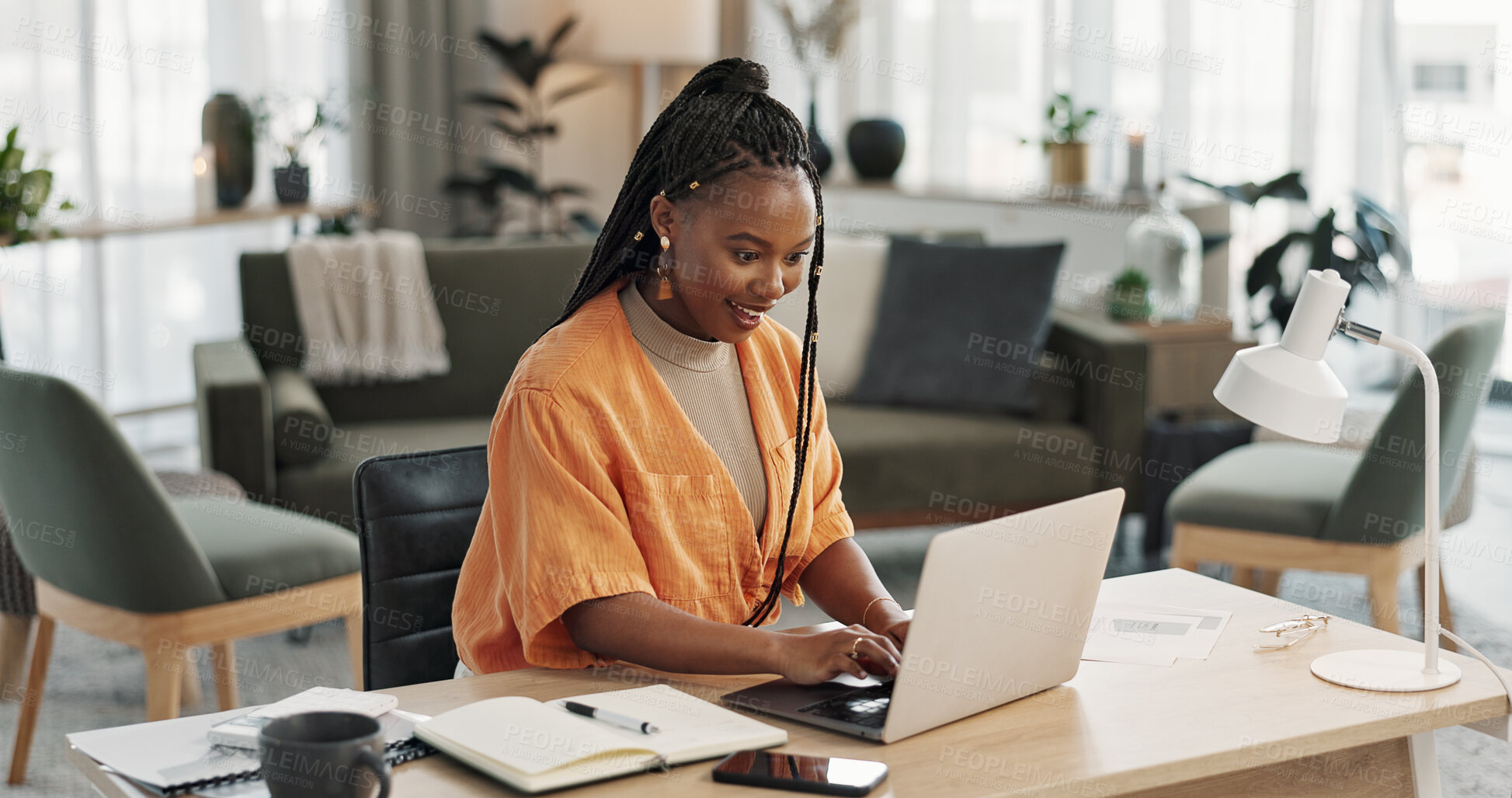 Buy stock photo Black woman, typing in home office and laptop for research in remote work, social media or blog in apartment. Freelance girl at desk with computer writing email, website post and online chat in house