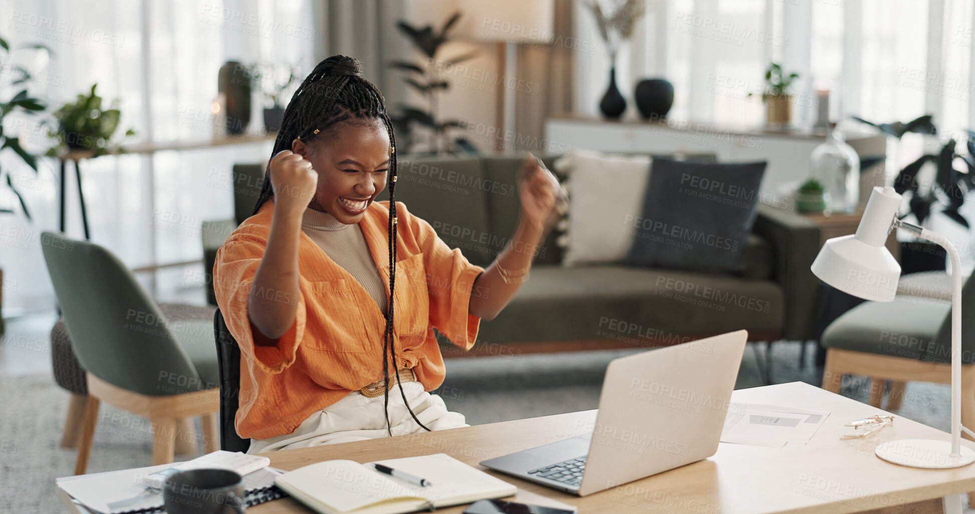 Buy stock photo Black woman, achievement in home office and celebration at laptop for remote work, social media or excited blog. Happy girl at desk with computer for winning email, good news and success in freelance