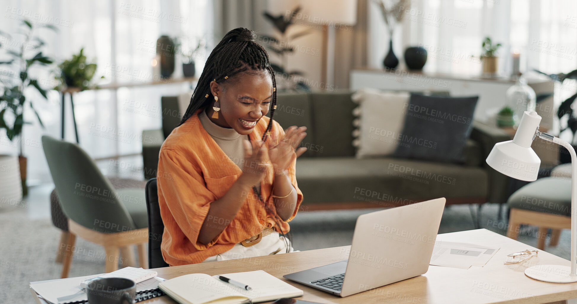 Buy stock photo Black woman, success in home office and celebration at laptop for remote work, social media or excited blog. Happy girl at desk with computer for winning email, achievement and good news in freelance